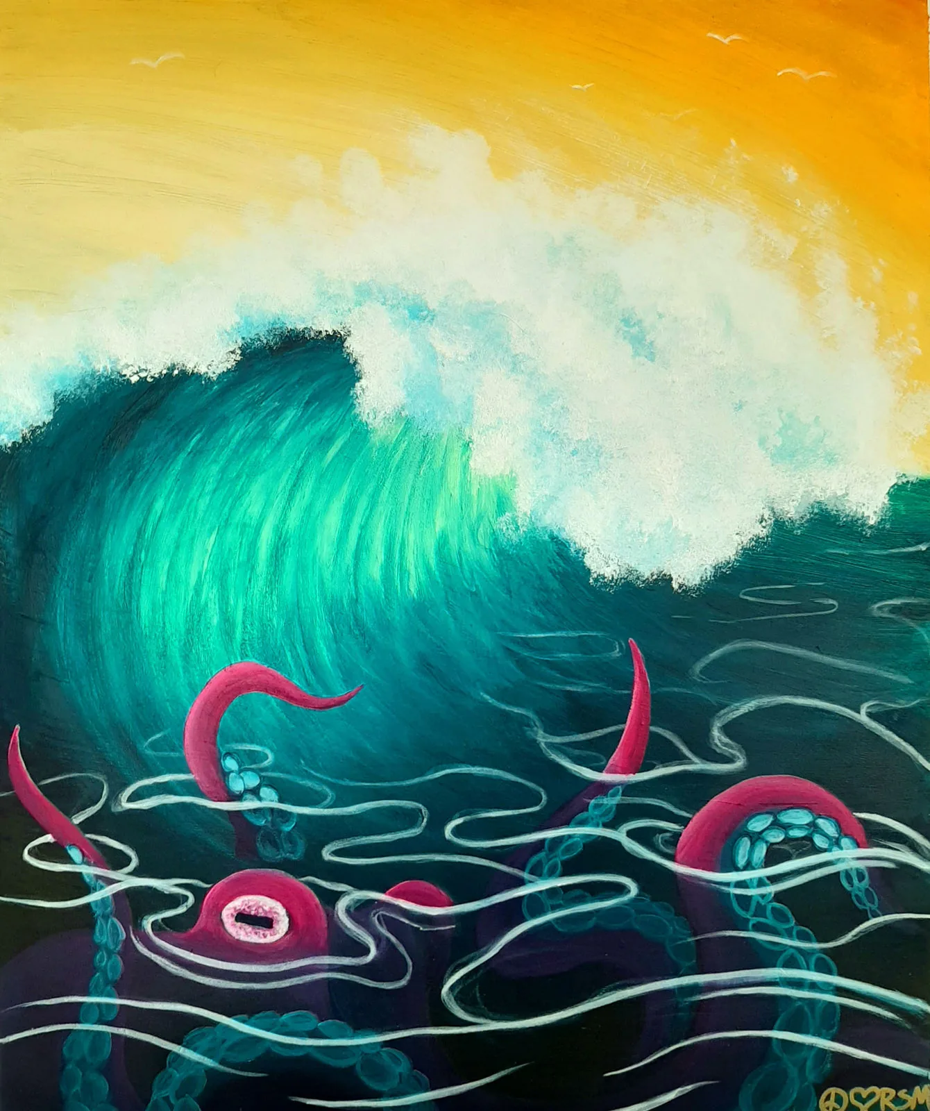 Painting of a giant wave with pink octopus tentacles rising from the sea