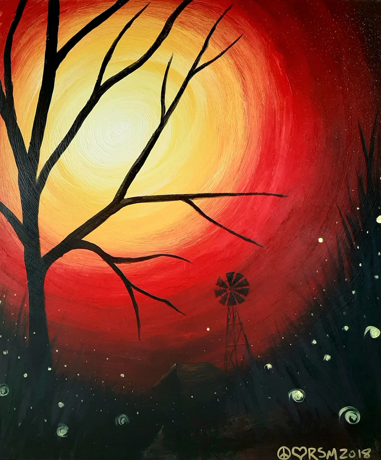Painting of a bare tree and a windmill silhouetted against a red and yellow sunset