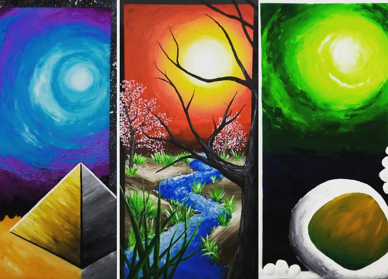Three narrow paintings side by side: a pyramid, a cherry tree by a stream, and a glowing green planet