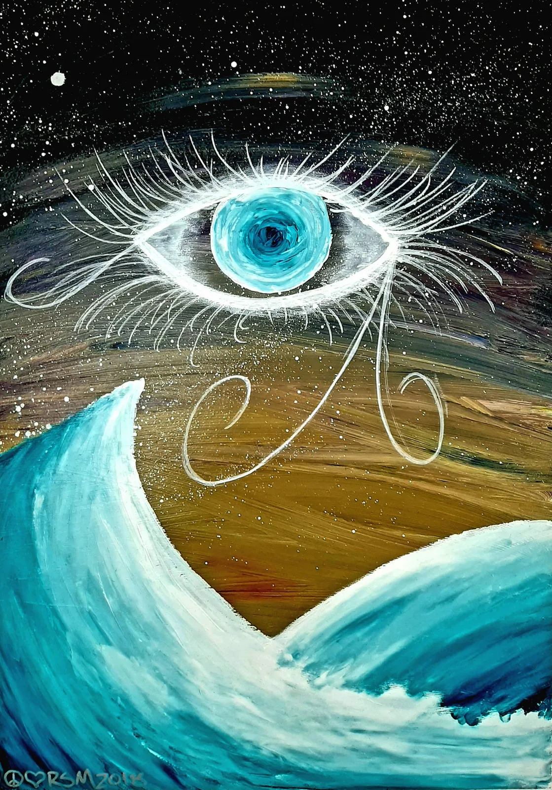 Painting of a giant eye above a curling ocean wave under a starry sky