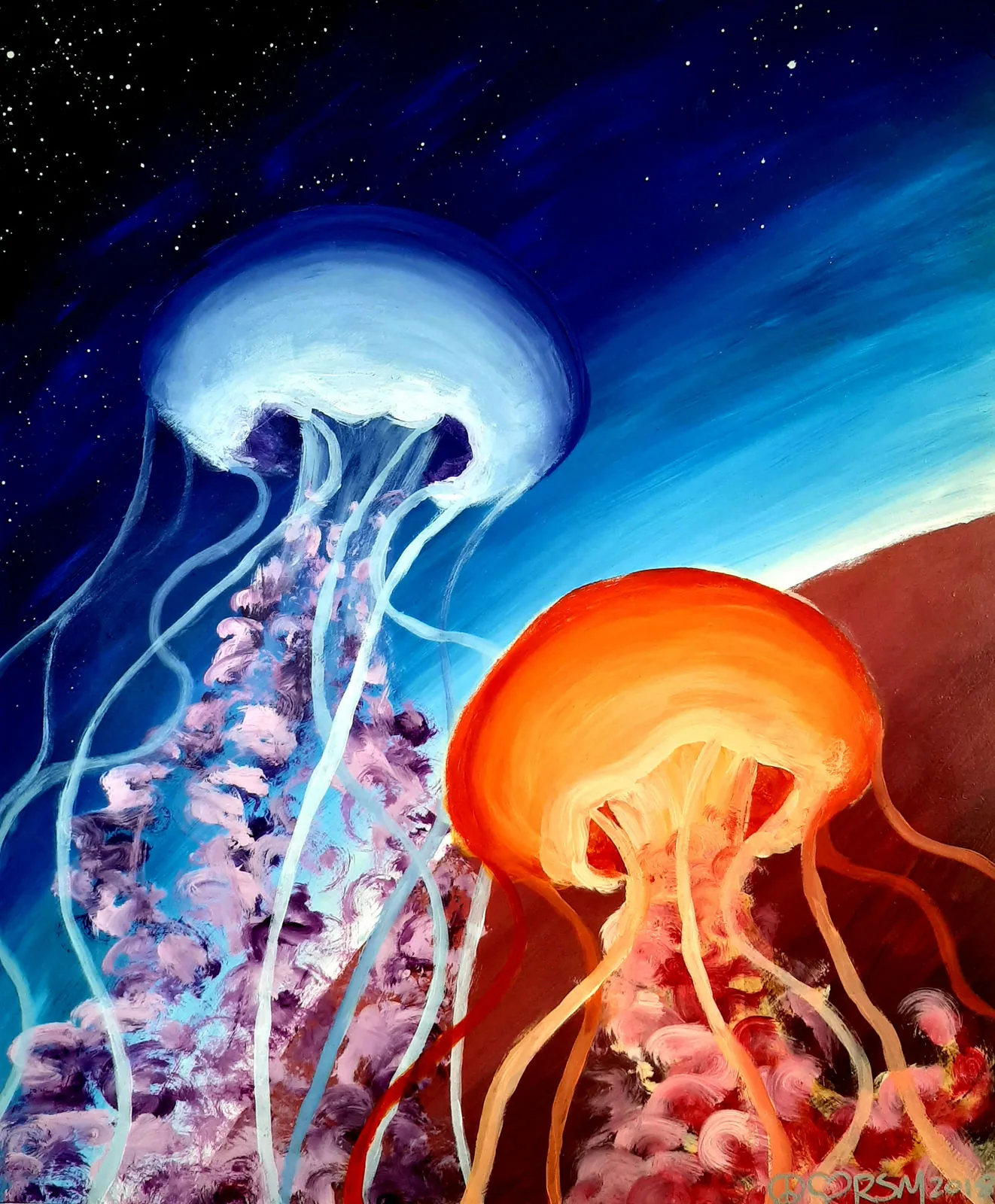 Painting of two jellyfish, one blue and one orange, drifting through a sky that fades into space