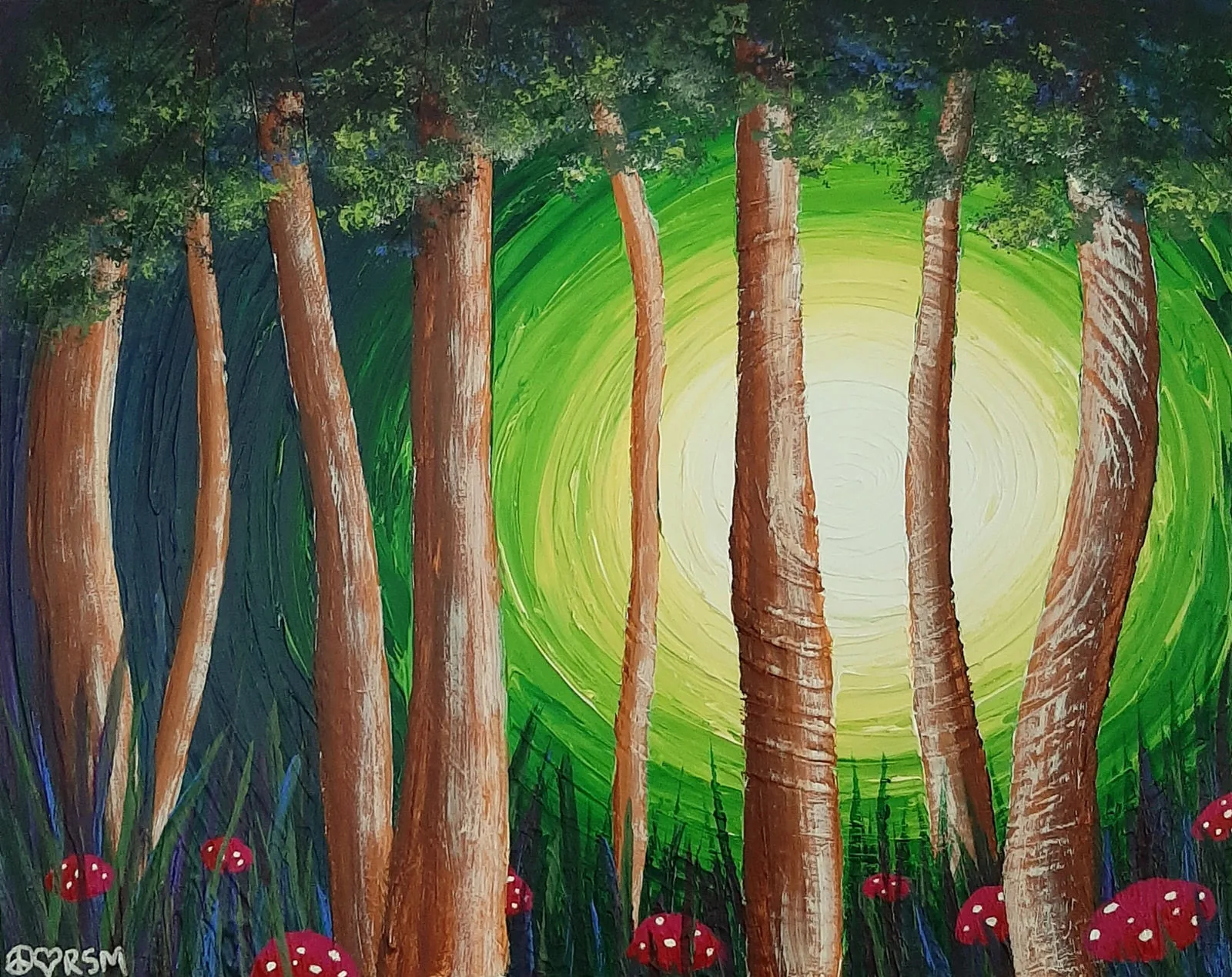 Painting of tall tree trunks and red mushrooms in front of a glowing green light
