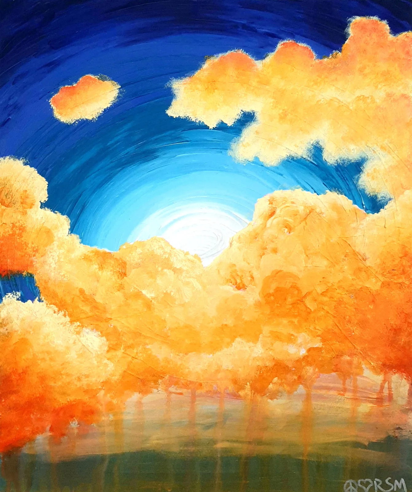 Painting of glowing orange clouds against a deep blue sky