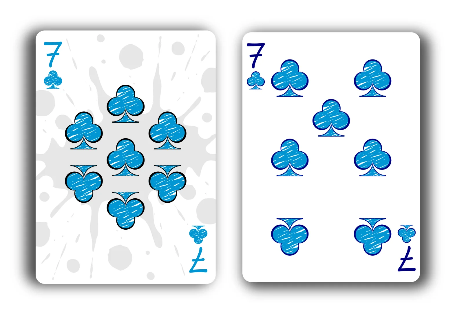 Inkwell seven of clubs next to a plain seven of clubs, showing the scribbled pen pips