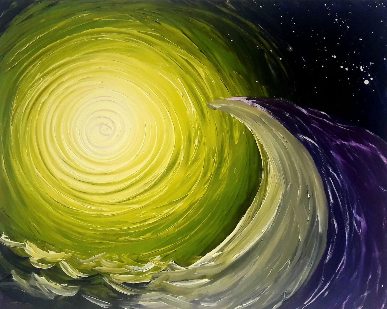 Painting of a glowing yellow-green moon rising behind a curling purple wave