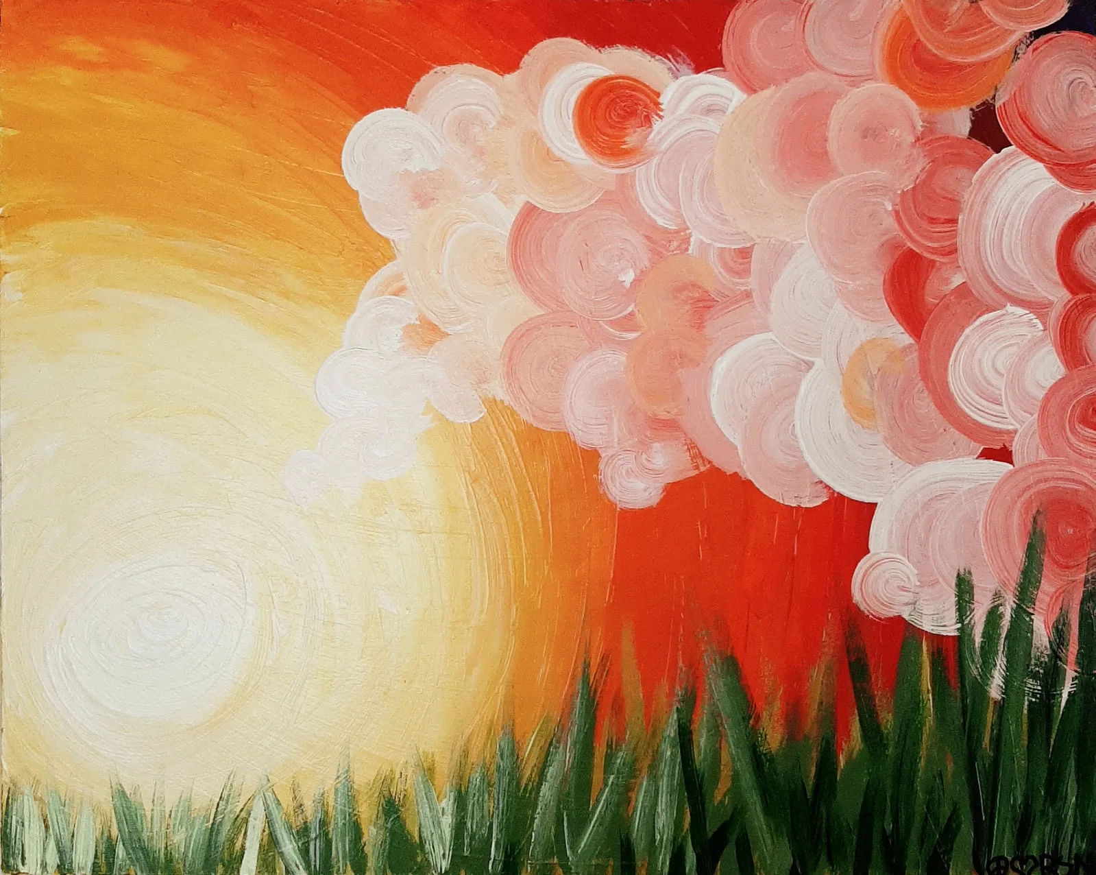 Painting of a bright sun and swirling pink clouds over a grassy field