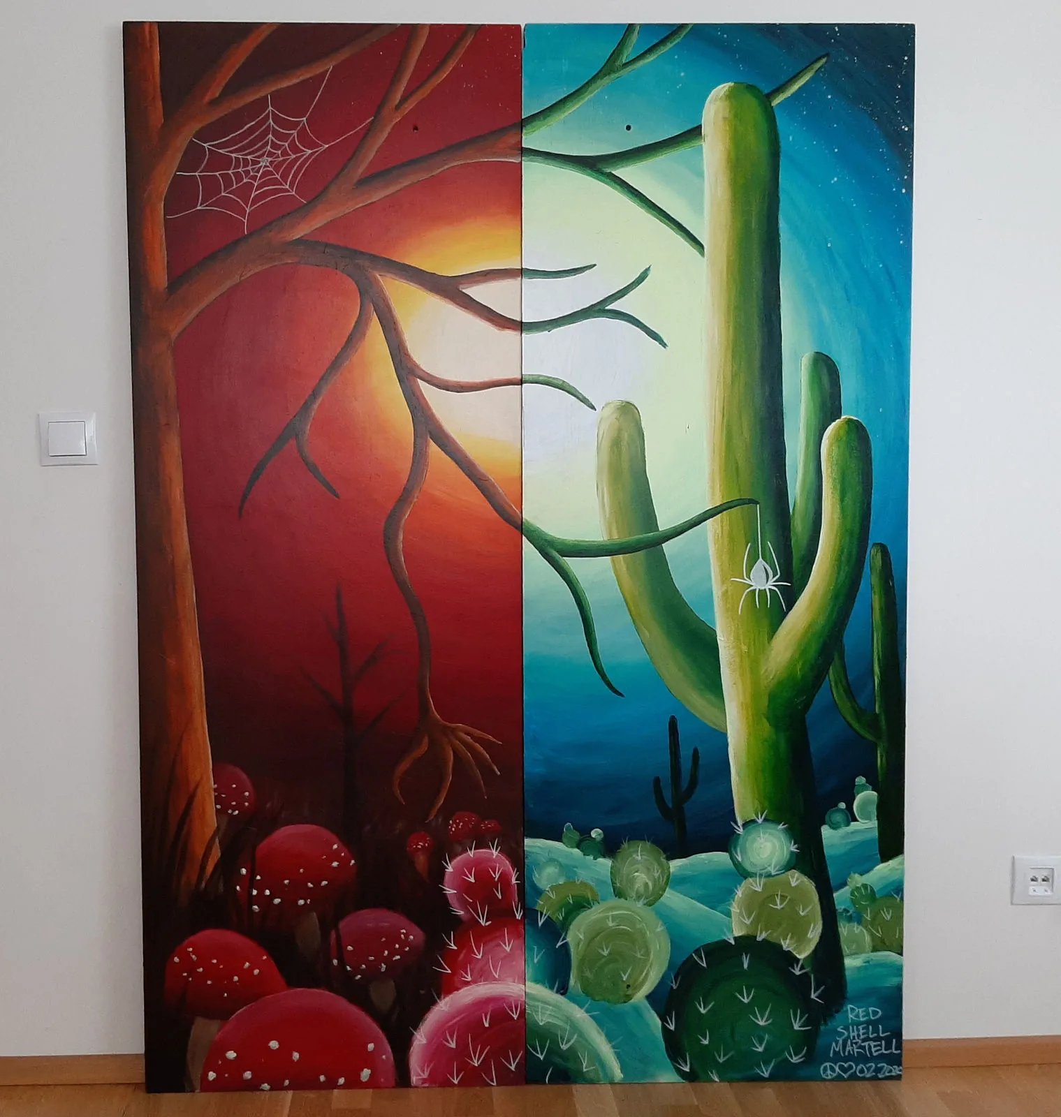 Two tall paintings side by side: a bare red tree with mushrooms, and a green cactus under a blue sky