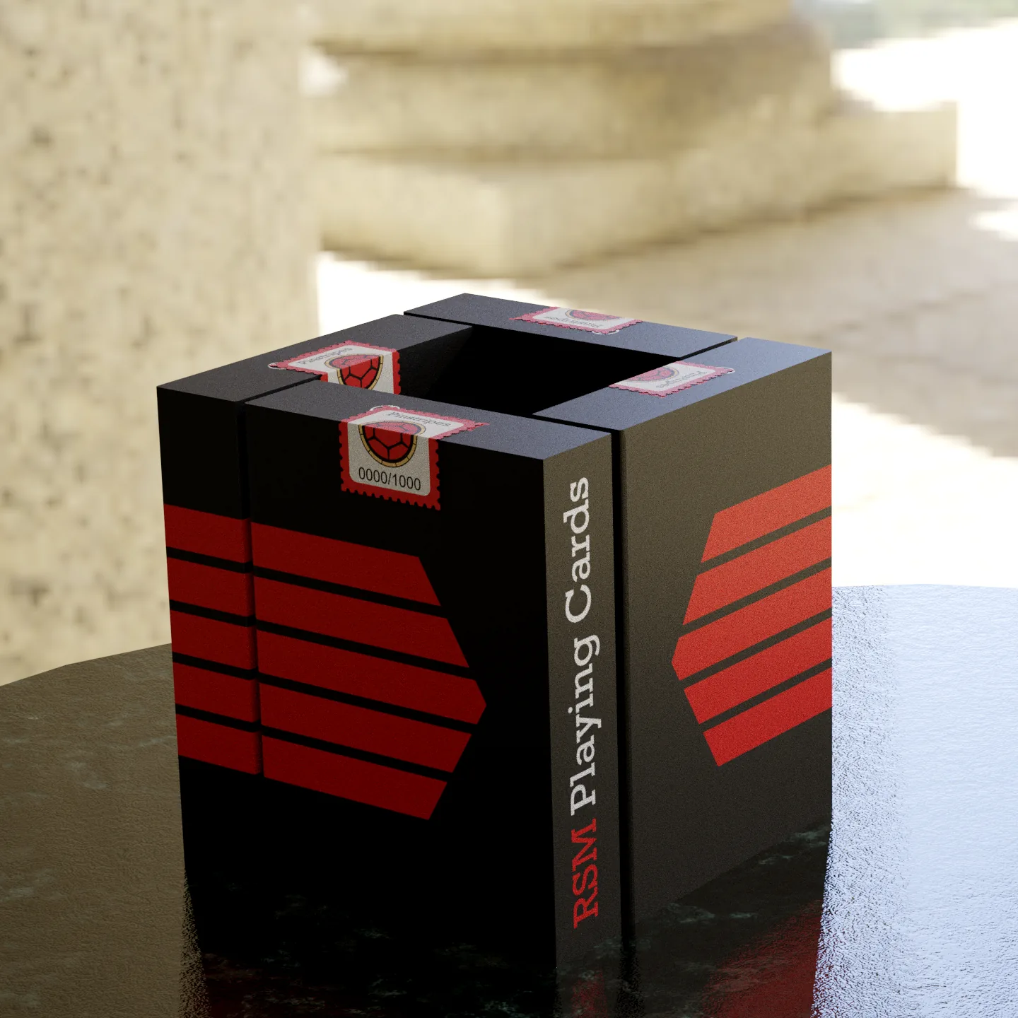 Open black Pinstripe tuck box with red stripes