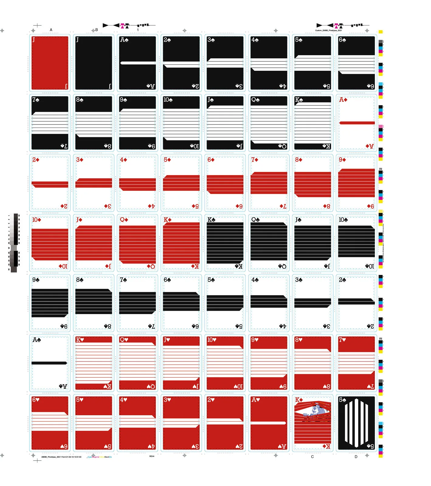 Uncut proof sheet of the full Pinstripe deck in red, black and white