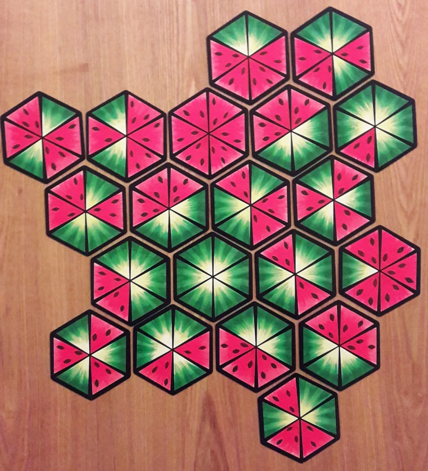 A finished game board of interlocking watermelon tiles