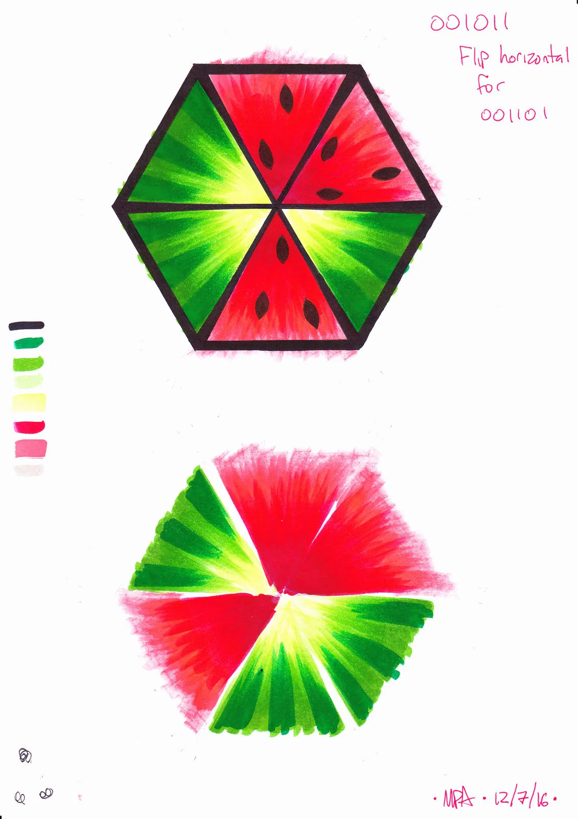 Two hand-drawn tile sketches with marker color tests