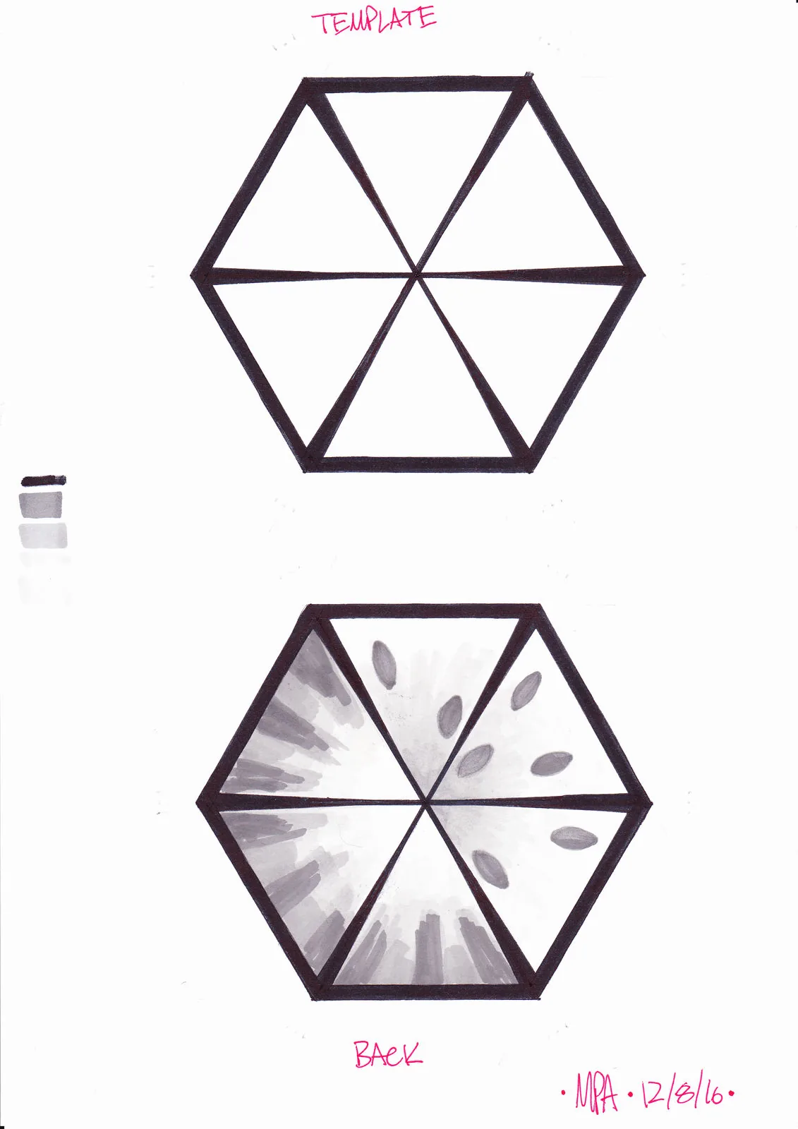 Ink template for the front and back of a hexagon tile